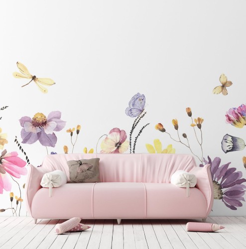 Kwiaty fioletowo-żółte akwarele border